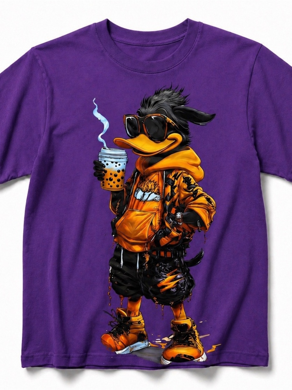 Purple Graphic T-Shirt Streetwear Duck Cartoon Print Casual Tee Unisex